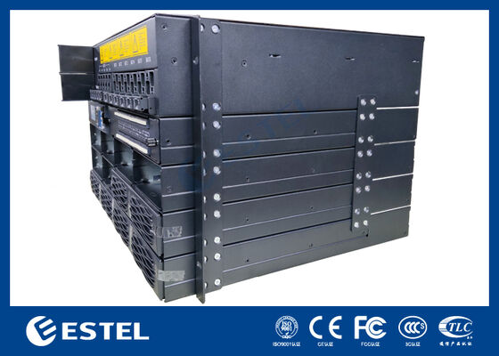 Sistema de distribuição de energia de CC modular de 19 polegadas para redes de telecomunicações com entradas de bateria e monitoramento integrado